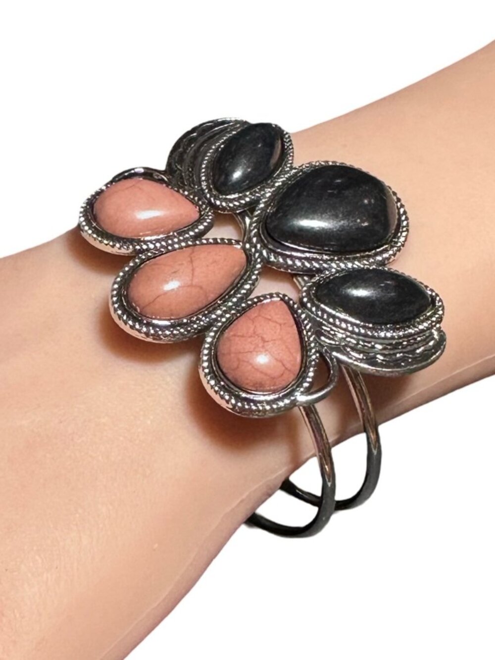 Teardrop Stone Bracelet Silver Tone Brown Black Hinged Bangle Bracelet Womens